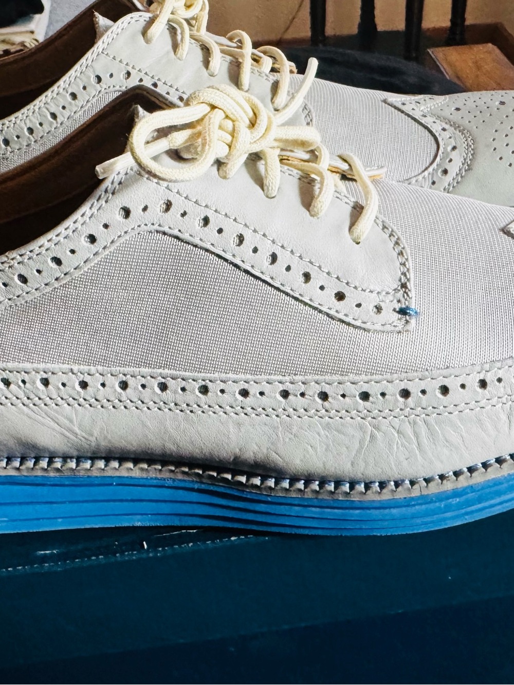 Cole Haan Cream Wingtip Derby with Bright Blue Sole
